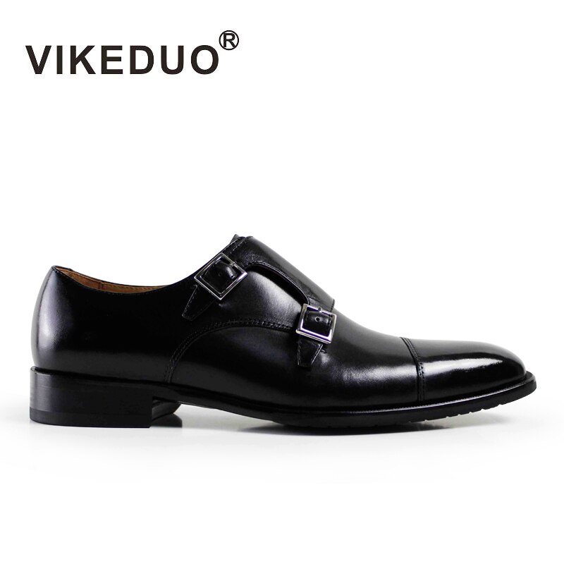 VIKEDUO Black Monk Shoes For Men Handmade Patina Blake Custom Bespoke Zapatos de Hombre Wedding Office Formal Leather Shoes Male