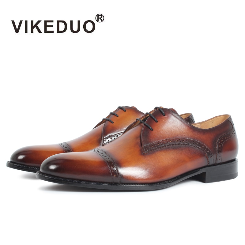 VIKEDUO Handmade Vintage Mens Derby Shoes Brown Genuine Leather Custom Party Dance Dress Office Wedding Shoes Original Design