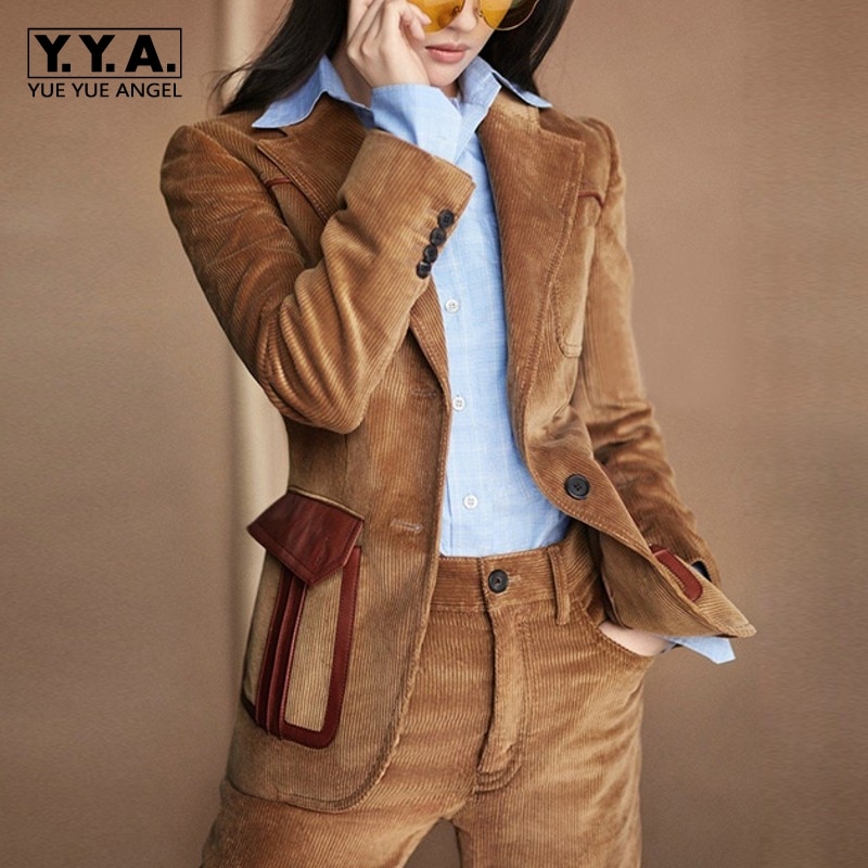 Star Style Western Sets Female Winter Leisure Temperament Corduroy Suit Jacket Two-Piece Sets Turn Down Collar Top Quality Brand