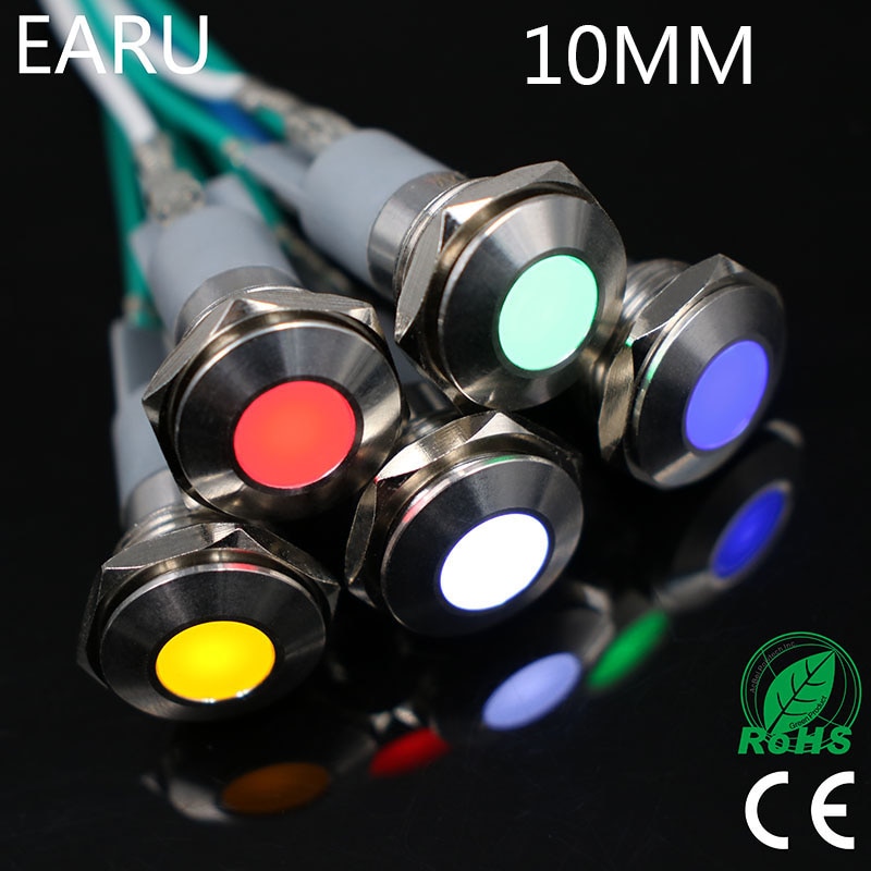 1pc 10mm Waterproof IP67 Metal Warning Indicator Pilot Signal LED Light Lamp 5V 12V 24V 220V Red Blue Green Boat Car PC Power