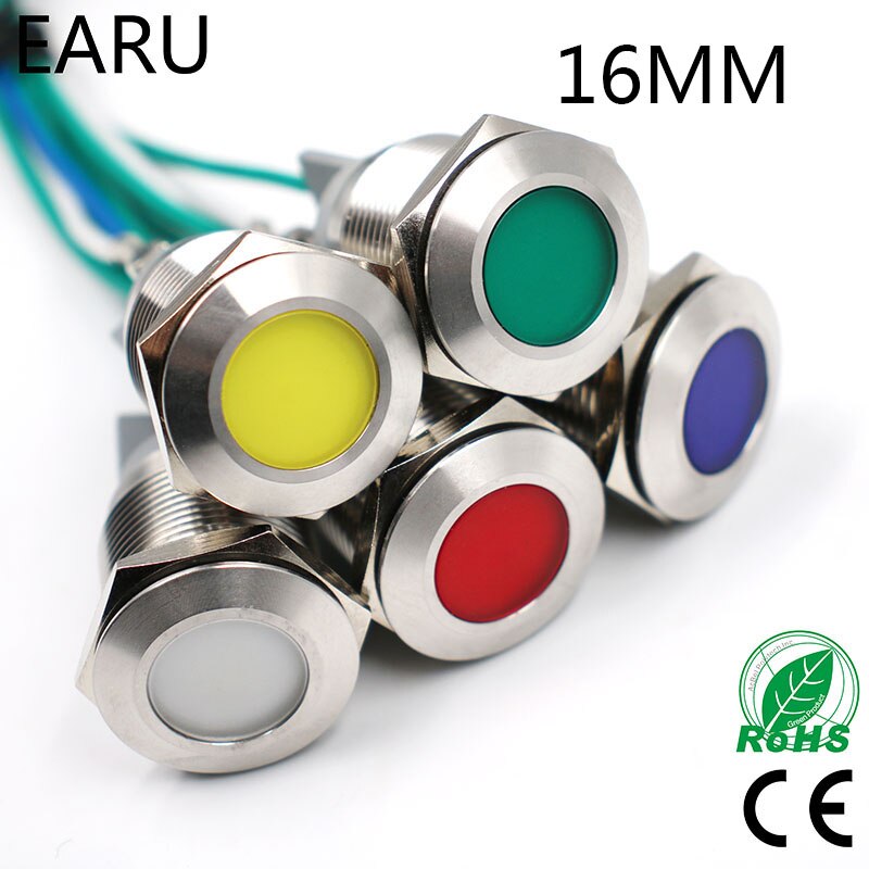 LED Metal Indicator Light 16mm Waterproof IP67 Signal Lamp 3V 5V 6V 9V 12V 24V 110V 220v Red Green Blue White Yellow Pilot Seal