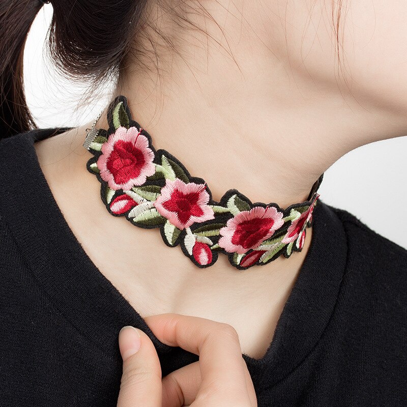 Printed Floral Flower Rose Choker Necklaces For Women Silver Color Chain Statement Pendant Necklace Tattoo Jewelry Accessories