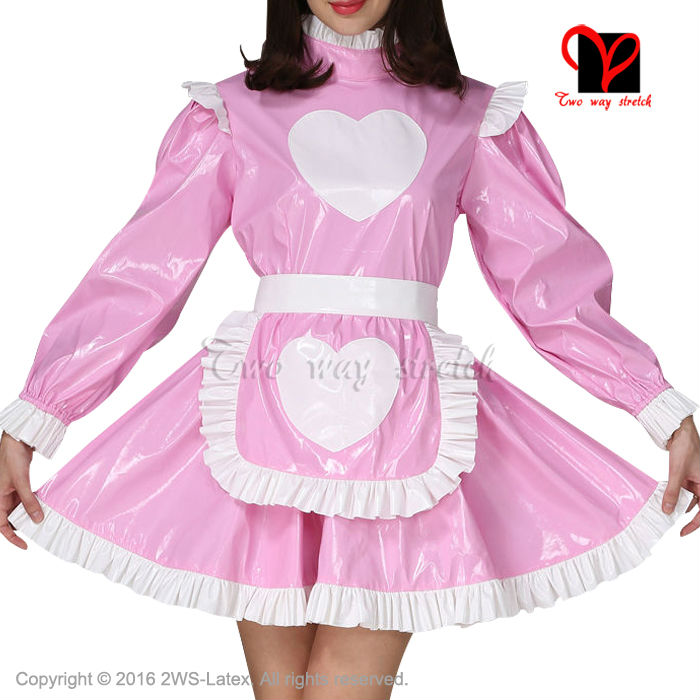 Sexy Pink and White Rubber dress and white Latex apron Waitress baby doll frilles Latex Maid uniform long sleeves QZ-081