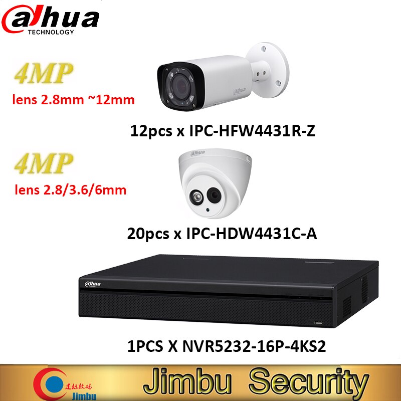 Dahua IP NVR kit 32CH 4K video recorder NVR5232-16P-4KS2 & dahua 4MP IP camera 12pieces IPC-HFW4431R-Z & 20pieces IPC-HDW4431C-A