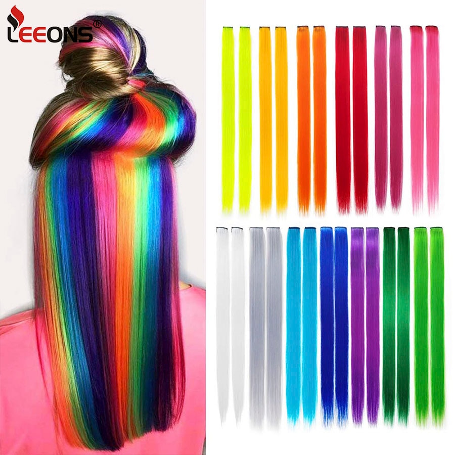 Leeons Clip In One Pieces Raiinbow Hair Extensions Straight Synthetic Hair Pieces 18 Inch Long Ombre Hair Pink Purple Red Blue