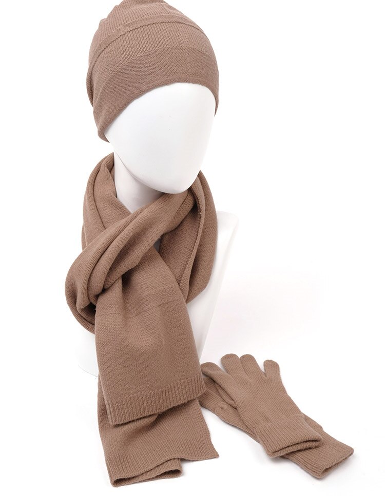 100%lambswool knit women fashion long scarf hat gloves 3pcs/set camel brown 2color 30x180cm