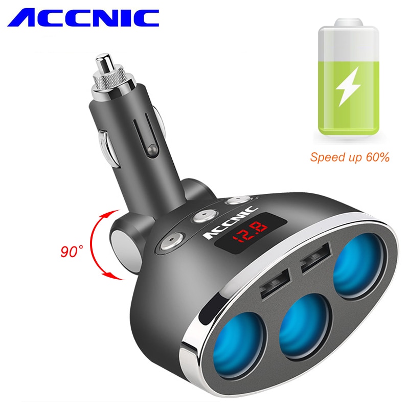 ACCNIC 3 in 1 Dual USB Car Cigarette Lighter Socket Splitter Plug 3 Cigarette Lighter Car USB Voltage Monitor For iPhone Samsung