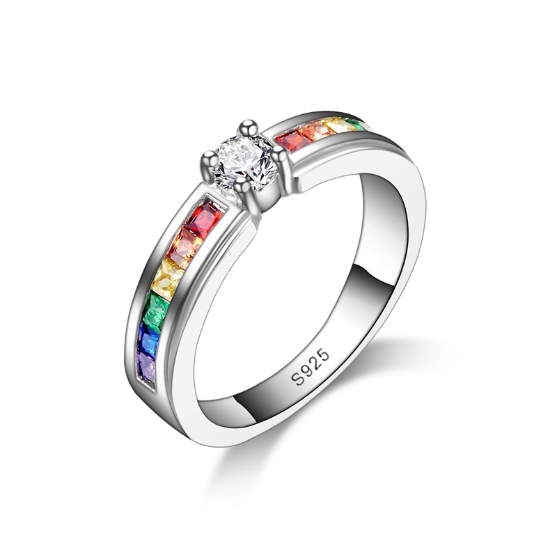 Fashion Jewelry Rainbow Engagement Promise Rings For Women CZ Cubic Zircon 925 Sterling Silver Vintage Wedding Band Wholesale