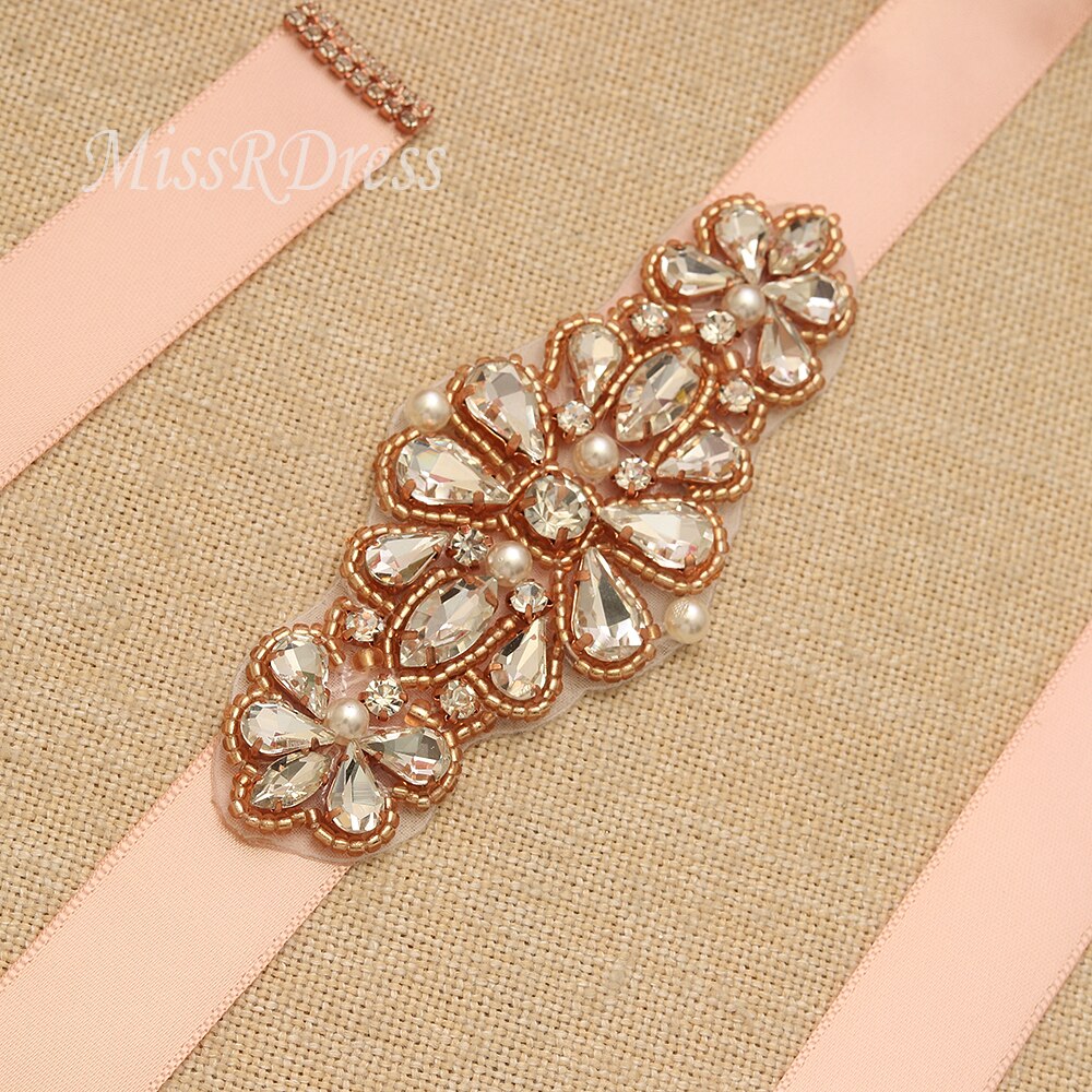 MissRDress Rhinestones Pearls Bridal Belt Hand Beaded Wedding Belt Rose Gold Crystal Bridal Sash For Wedding Dresses JK894