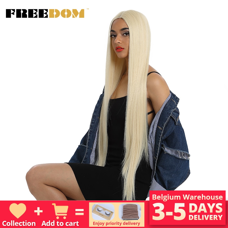 FREEDOM Synthetic Lace Wigs For Black Women Super Long 38Inch Ombre Blond Rainbow Color Natural Straight Hair Wigs Cosplay Wigs