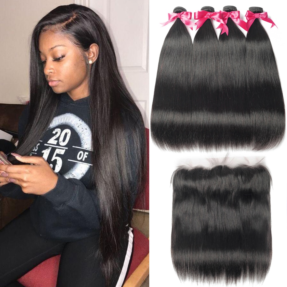 Straight Hair Bundles With Frontal 13x4 Lace Closure Brazilian Hair Weave Bundles 28 30 Inch Human Hair Bundles With Closure