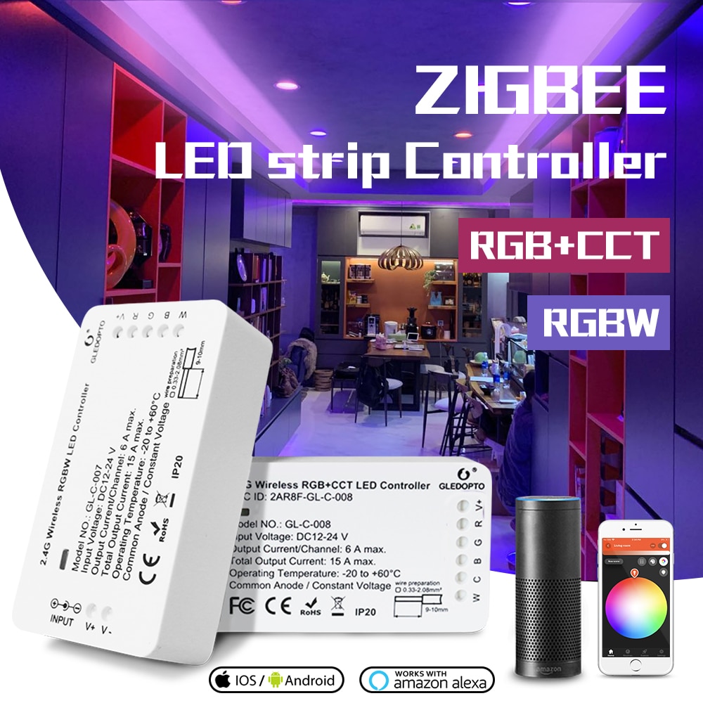 GLEDOPTO DC12-24V RGB+CCT/rgbw Zigbee Smart LED Strip Controller Voice Control Work with Echo Plus SmartThings ZIGBEE 3.0 HUB