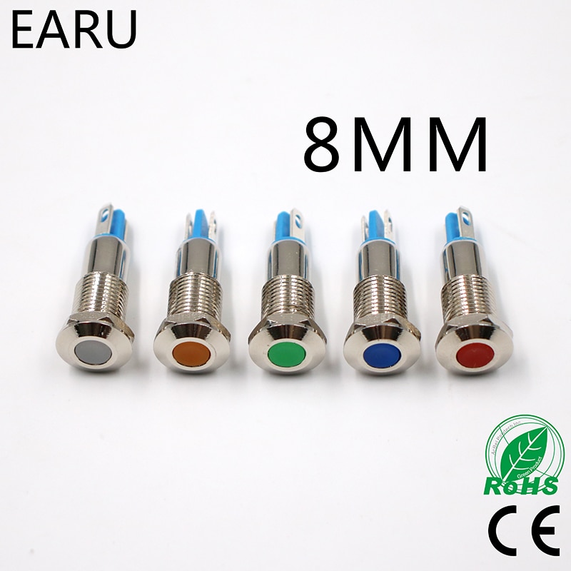 Metal Indicator Light LED 8mm Waterproof IP67 Signal Lamp 5V 6V 9V 12V 24V 110V 220V Dot Concave Pilot Red Blue Green Yellow Hot