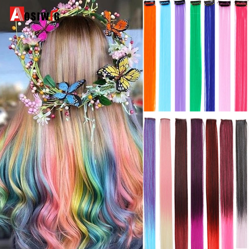 AOSI Fake Hair Extensions Highlight Colored Strands Of Hair On Hairpins Synthetic Natural Hair Extensions Clip Hairpiece Rainbow