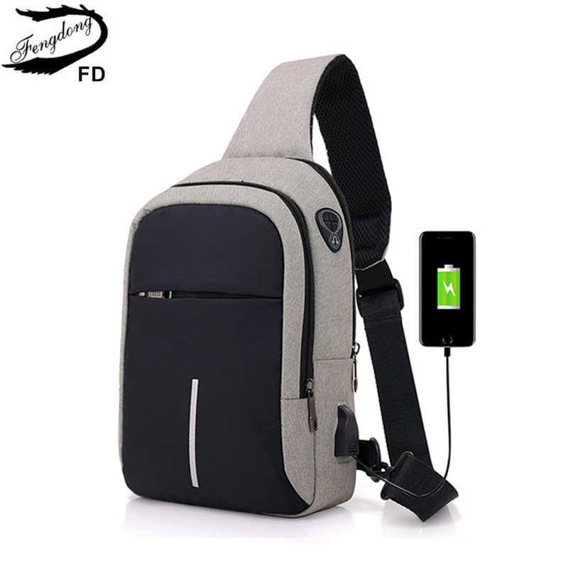 Fengdong small usb charge shoulder bag men messenger bags male waterproof sling chest bag boy travel bagpack men cross body bags