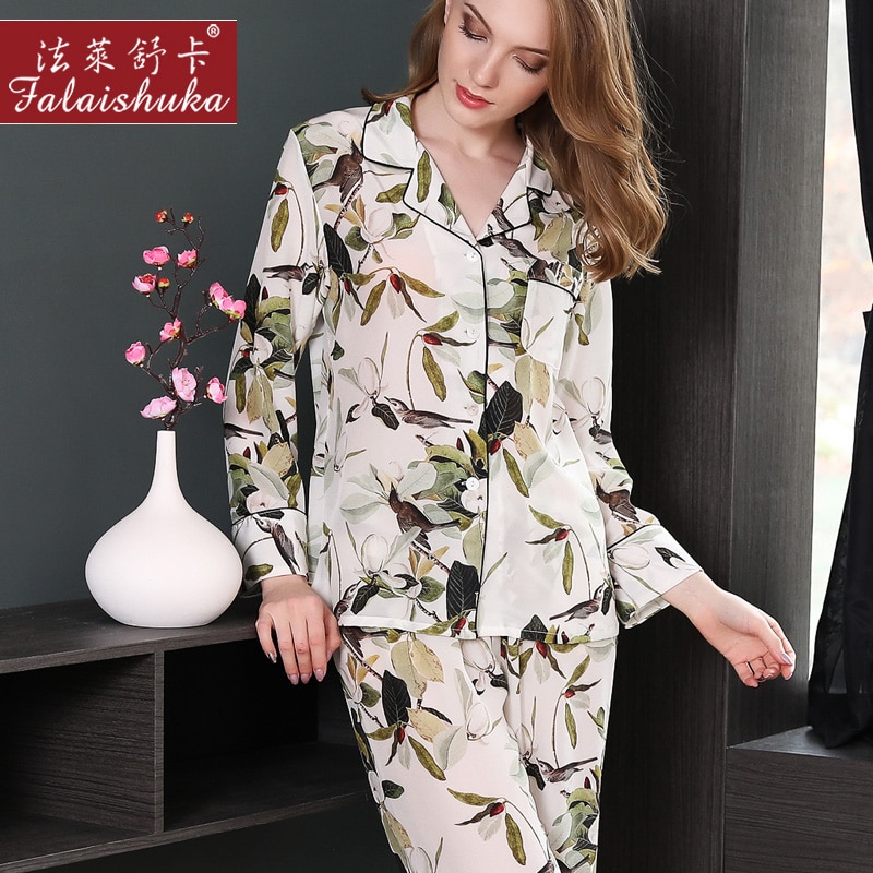 Women Sexy 100% Silk Satin Brand Floral Print Summer Nightwear Two Piece Pajamas Pants Set Clothing Silk Sleepwear Homewear set