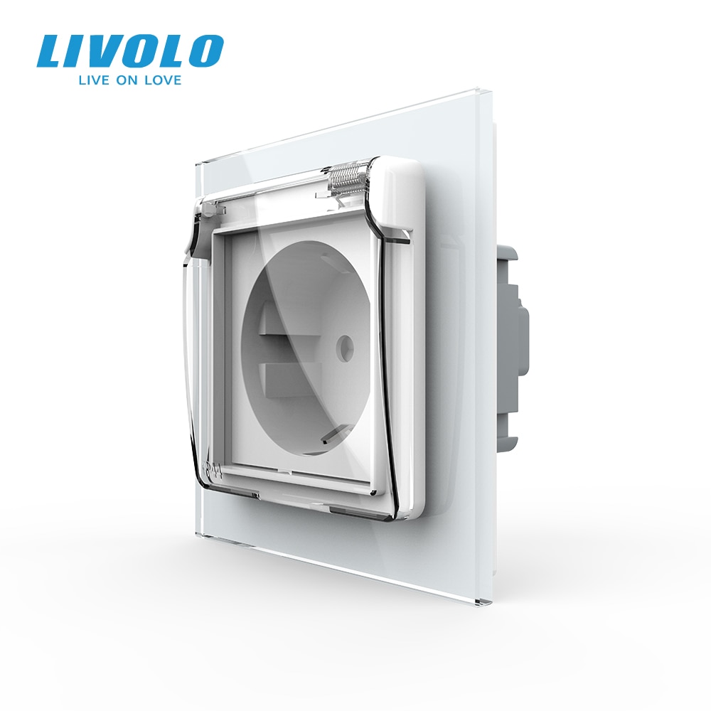 Livolo EU Standard Power Socket, White Glass Panel, AC 110~250V 16A Wall Power Socket with Waterproof Cover C7C1EUWF-11