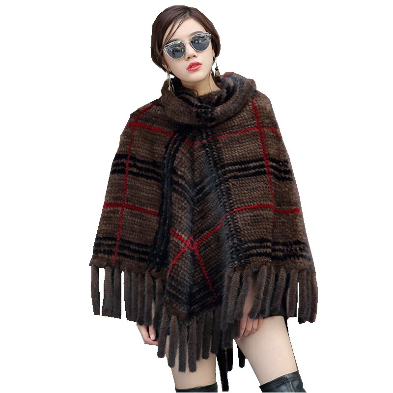 Autumn Winter Ladies' Genuine Knitted Mink Fur Shawls With Tassels Women Fur Pashmina Wraps Bridal Cape Coat Jacket LF5024