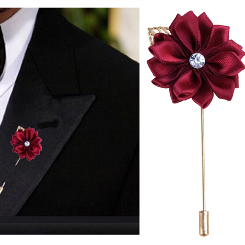 Winered Metal Golden Leaf Groom Boutonniere Silk Satin Rose Flower Brooch Groom Men Party Prom Man Suit Corsage Pin XH889Z