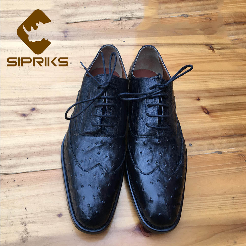 Sipriks Luxury Black Ostrich Skin Leather Shoes Mens Hand Crafted Dress Oxfords Boss Hipster Animal Skin Shoes Wingtip Flats 46