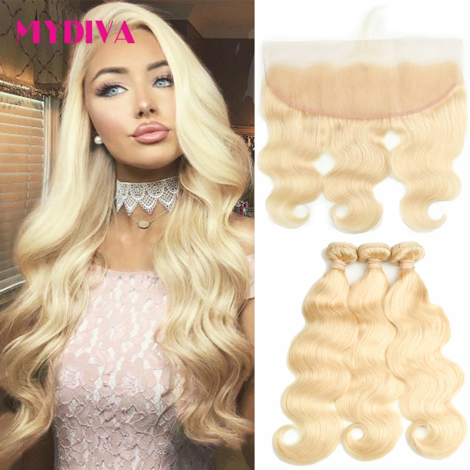 613 Bundles With Frontal 100% Brazilian Body Wave With Closure Honey Blonde Remy Human Hair Bundles With Frontal Closure Mydiva