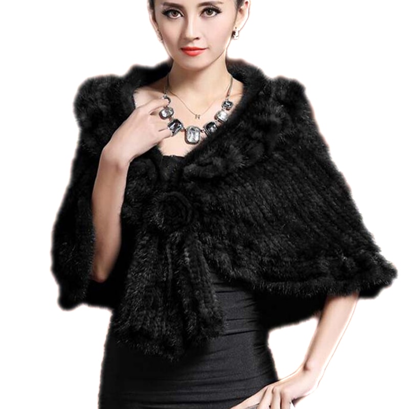 Women Winter Wraps Real Mink Fur Knitted Cape Coat Lady Wedding Shawl Female Party Poncho Chal de Invierno Mujer BLACK