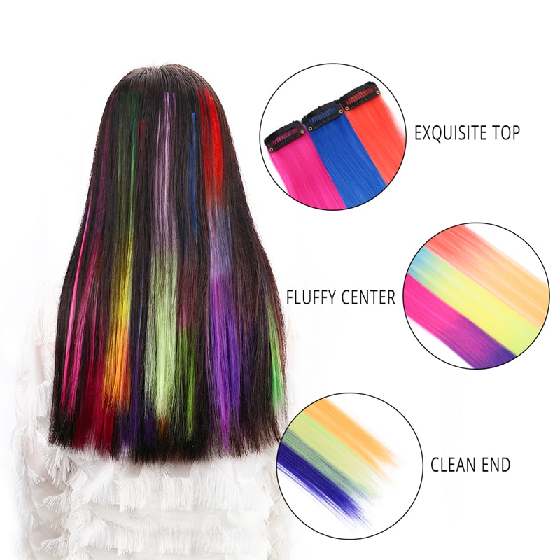 20'' Synthetic Ombre Color Hair Clip In One Piece for Girls and Kids Long Straight Multiple Hairpieces Heat Resistant Fiber