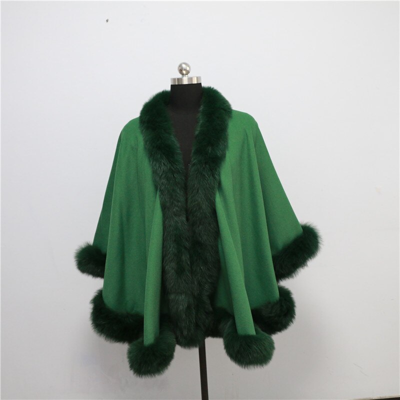 Free shipping, Drop shipping, cashmere cape with real fox fur trim length 90cm for adult without hood fox shawl