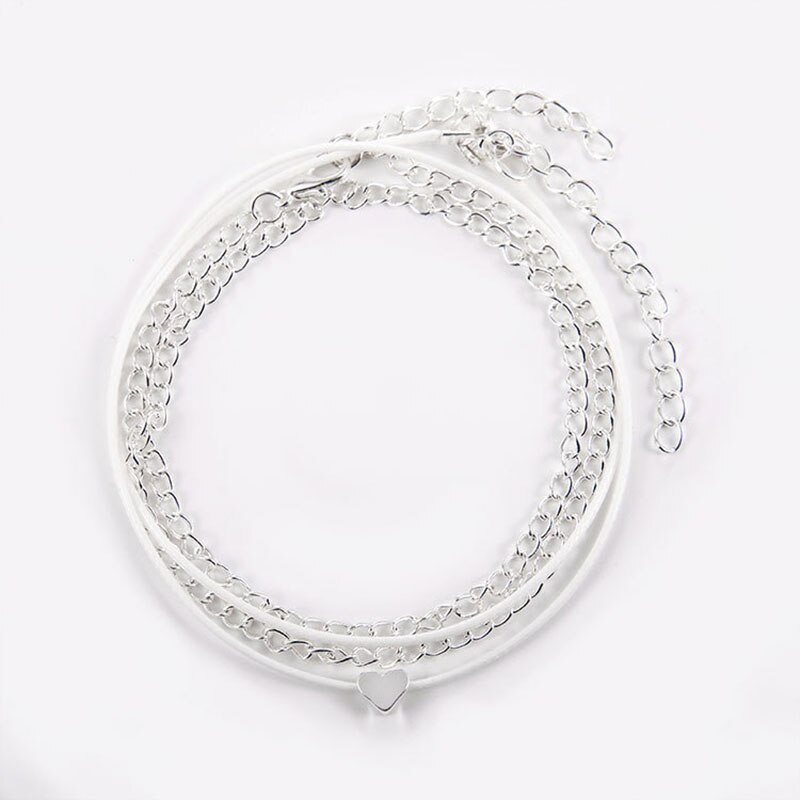 Silver Color Heart Anklets For Women Multilayer Leather Rope Link Chain Ankle Bracelet Foot Barefoot Sandals Jewelry Accessories