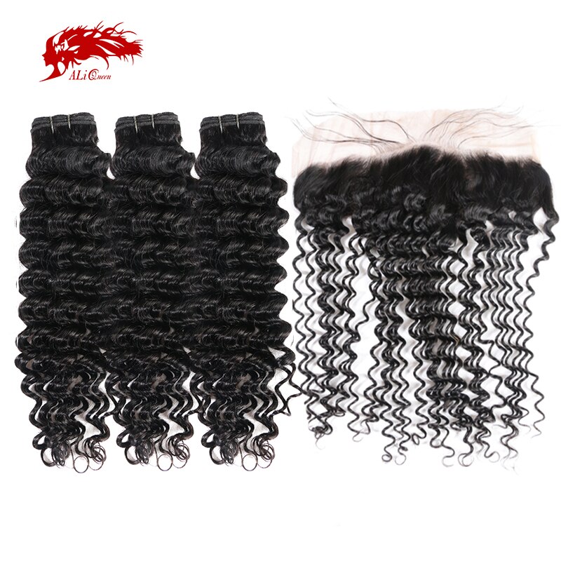 Ali Queen Hair Peruvian Remy Human Hair Deep Wave 3/4Pcs Bundles With 13x4 Lace Frontal Natural Color Bundles With Closure