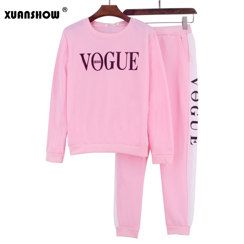 XUANSHOW Tracksuit 2021 Autumn Winter Women's Suit VOGUE Letter Printed 0-Neck Sweatshirt + Patchwork Long Pant 2 Piece Set