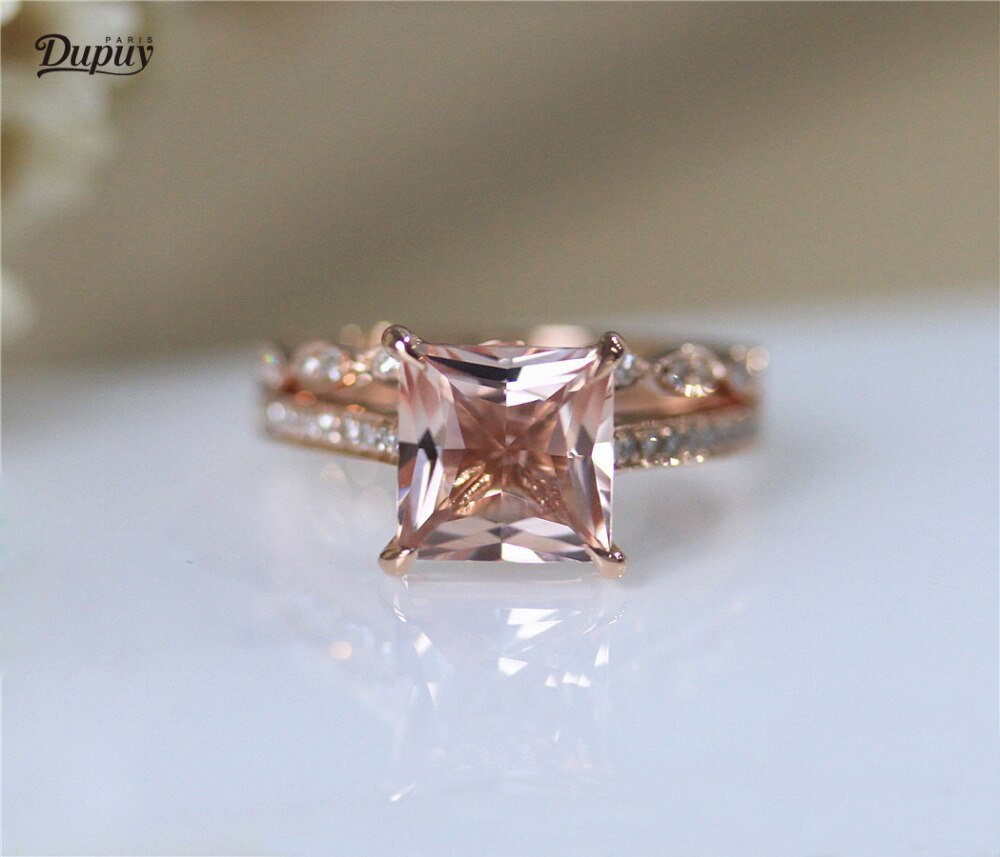 DUPUY VS 8mm Cushion Cut Morganite Engagement Ring Set Art Deco Half Eternity Diamond Wedding Ring Set Solid 14K Rose Gold Set