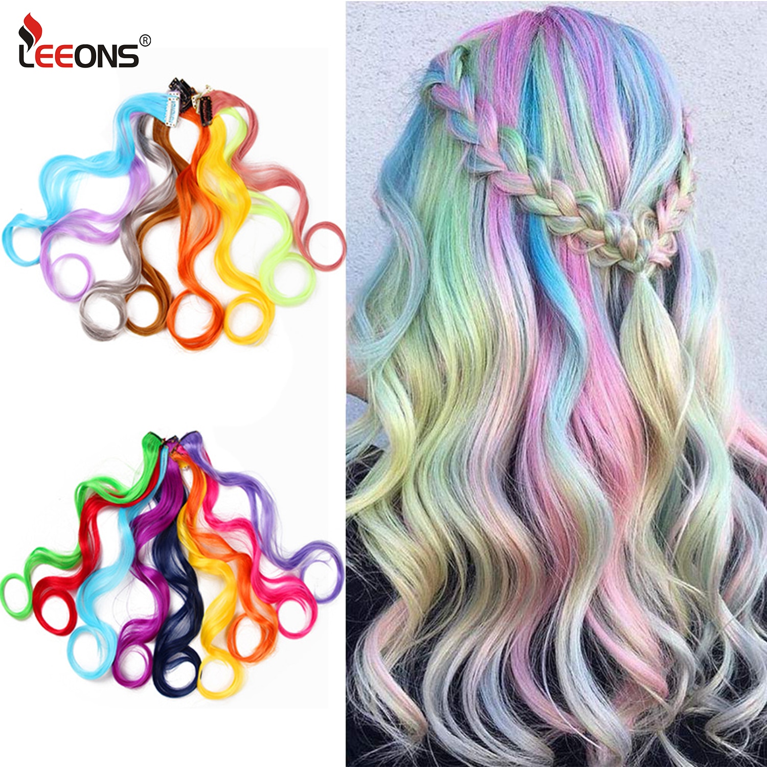 Leeons Rainbow Wavy Hair Extensions Long Hair Extensions One Single Clip In Wigs Colorful Synthetic Fiber False Fake Hair 20"