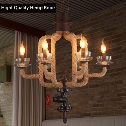 IWHD Candle Luminaire Hemp Rope Vintage Industrial Lighting Fixtures Retro Hanging Lamp Led Pendant Lights 6Heads Cafe Lampara