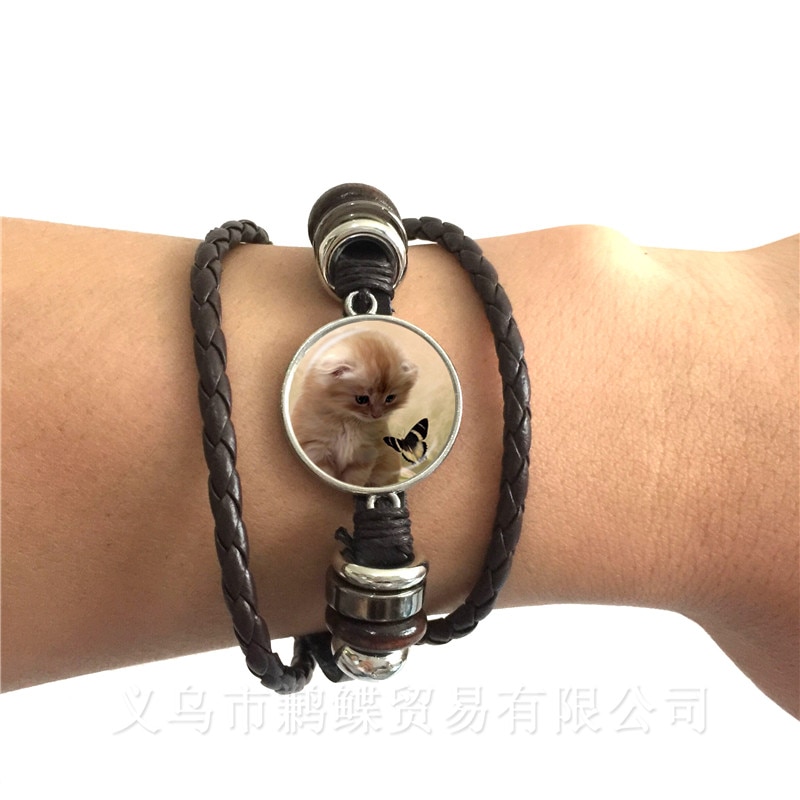 Cat Pet Trendy Bracelet Glass Cabochon Animal Handmade Black/Brown Leather Adjustable Bangle Cat Lover Creative Gift