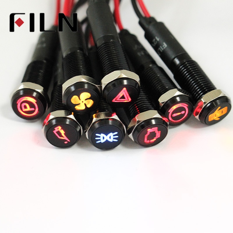 FILN 8mm black housing led red yellow white blue green 12v led indicator light with 20cm cable