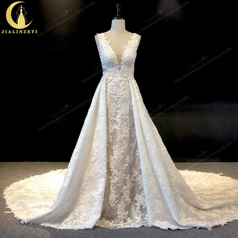 JIALINZEYI Real Picture Two piece V Neck Lace Appliques Mermaid inside with train Bridal Wedding Dresses wedding gown dresse2019