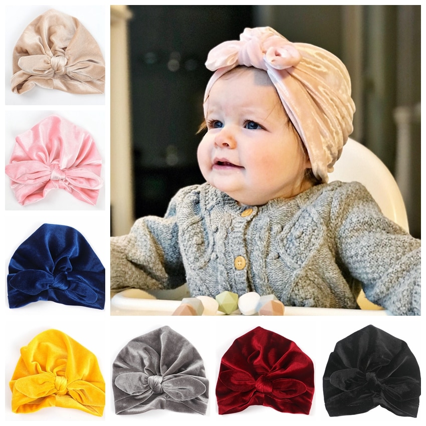 New Gold Velvet Turban Hat For Baby Kids Newborn Beanie Stylish Top Knot Ear Caps Headwear Birthday Gift Party Photo Props