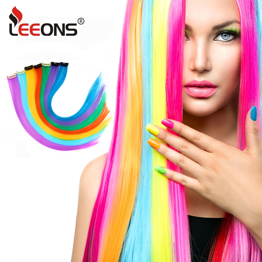 Leeons Synthetic Hair Extensions With Clip Heat Resistant Hair Extensions Rainbow Hair For Kids And Women Wavy Style 20 Inch