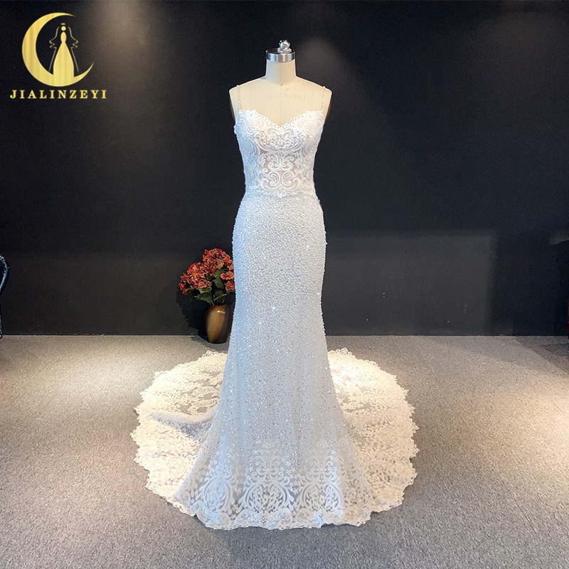 JIALINZEYI Real Picture Spaghetti Strap Lace mermaid Sexy Long Train Bridal Wedding Dresses wedding gown dresse 2021