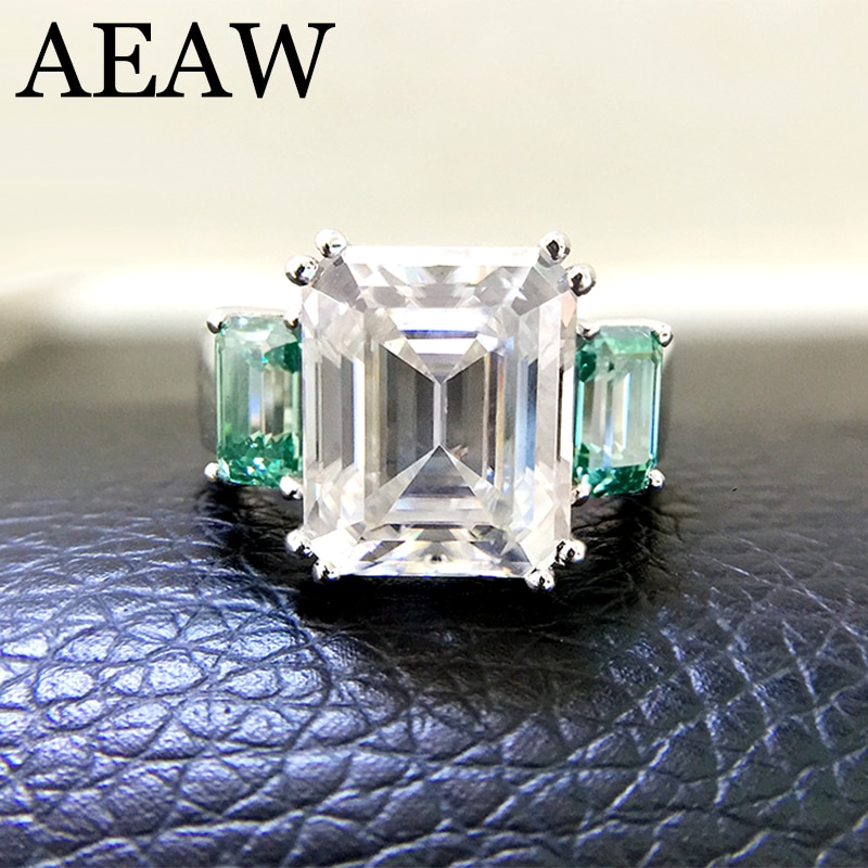 14k White Gold 5.3ct Carat Emerald DF Color Engagement Wedding with Two Green Moissanite Ring Test Positive Similar Forever One