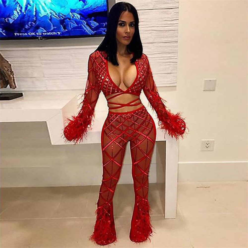 2019 Sexy Semi-transparent Red Two Pieces Set Long Sleeves Costumes Pants Bandage Feather Bandage Dress Factory Directly Sale