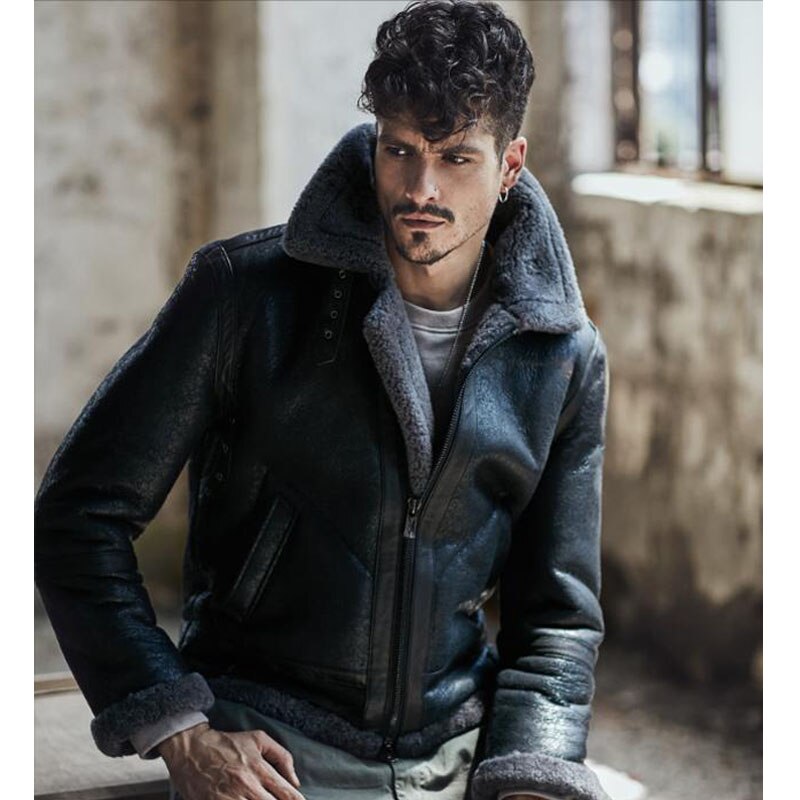 2018 New Fashion Men's Shearling Leather Jacket Dark Brown B3 Jacket Original Flying Jacket Camouflage Gray