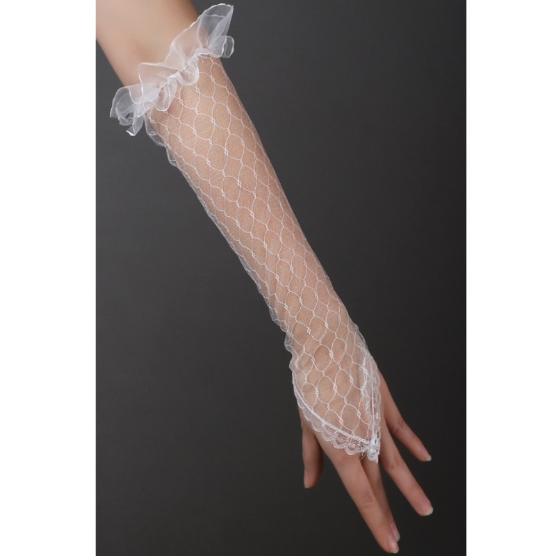 Womens Lace Mesh Bridal Gloves Fingerless Elbow Length Long Gloves Wedding Party