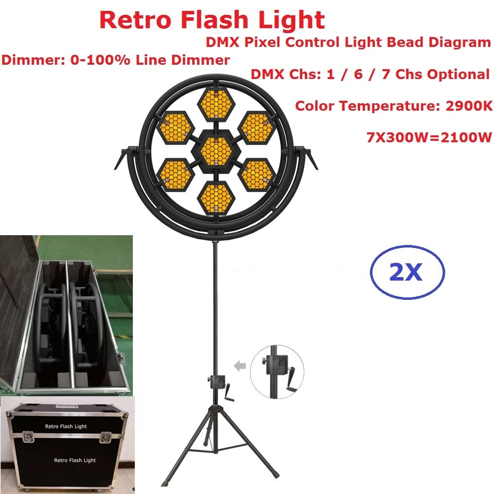 2XLot Flightcase Pack Stage Strobe Lights 7X300W Halogen Lamp Retro Flash Light Hexagon Or Round Optional 1/6/7 DMX Channels