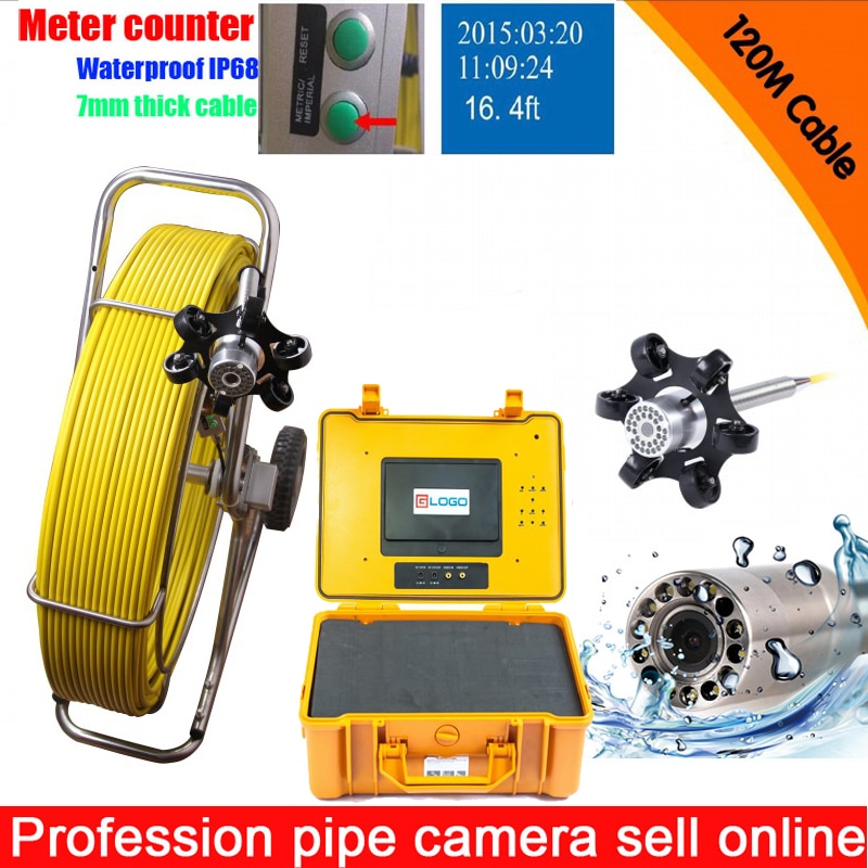 Big Size Pipe Waterproof Plumbing Inspection Camera Robot 9mm cable Sewer Line Detection 120m Cable with DVR meter counter