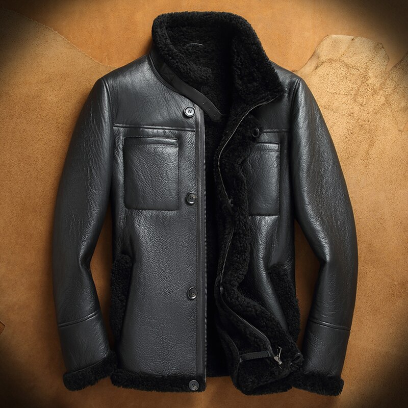 2018 New Fashion Black Men's Shearling Leather Jacket B3 Jacket Original Flying Jacket