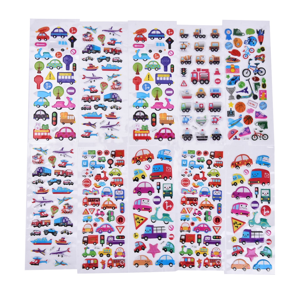 2PCS / lot Children Kids Cartoon Transport Cars Stickers Mixed Cartoon Bubble Stickers Decoration Christmas Gift