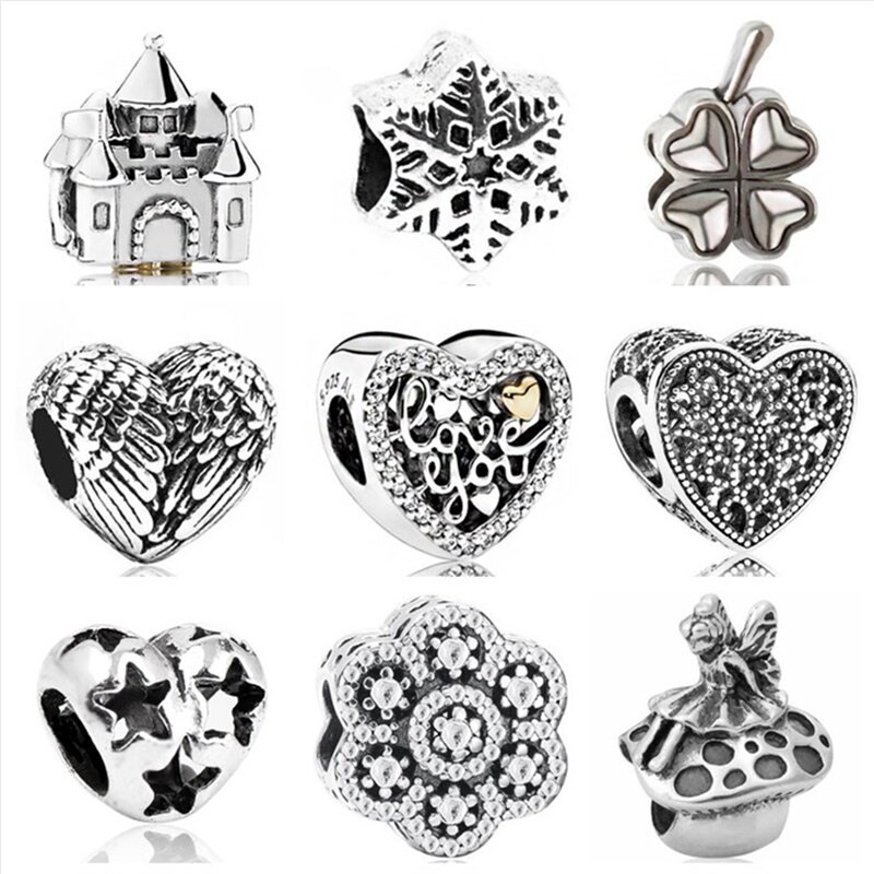 Btuamb Simple Style Love Heart Flower Star Dog Lion Alloy Beads Fit Pandora Charm Bangles for Women DIY Making Jewelry Berloque