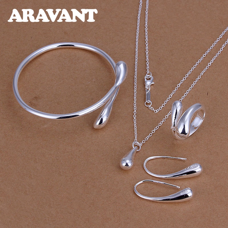 Fashion Wedding Bridal Jewelry Set 925 Silver Jewelry Water Drop Necklace Bangles Rings Earrings Sets For Women Party Gifts